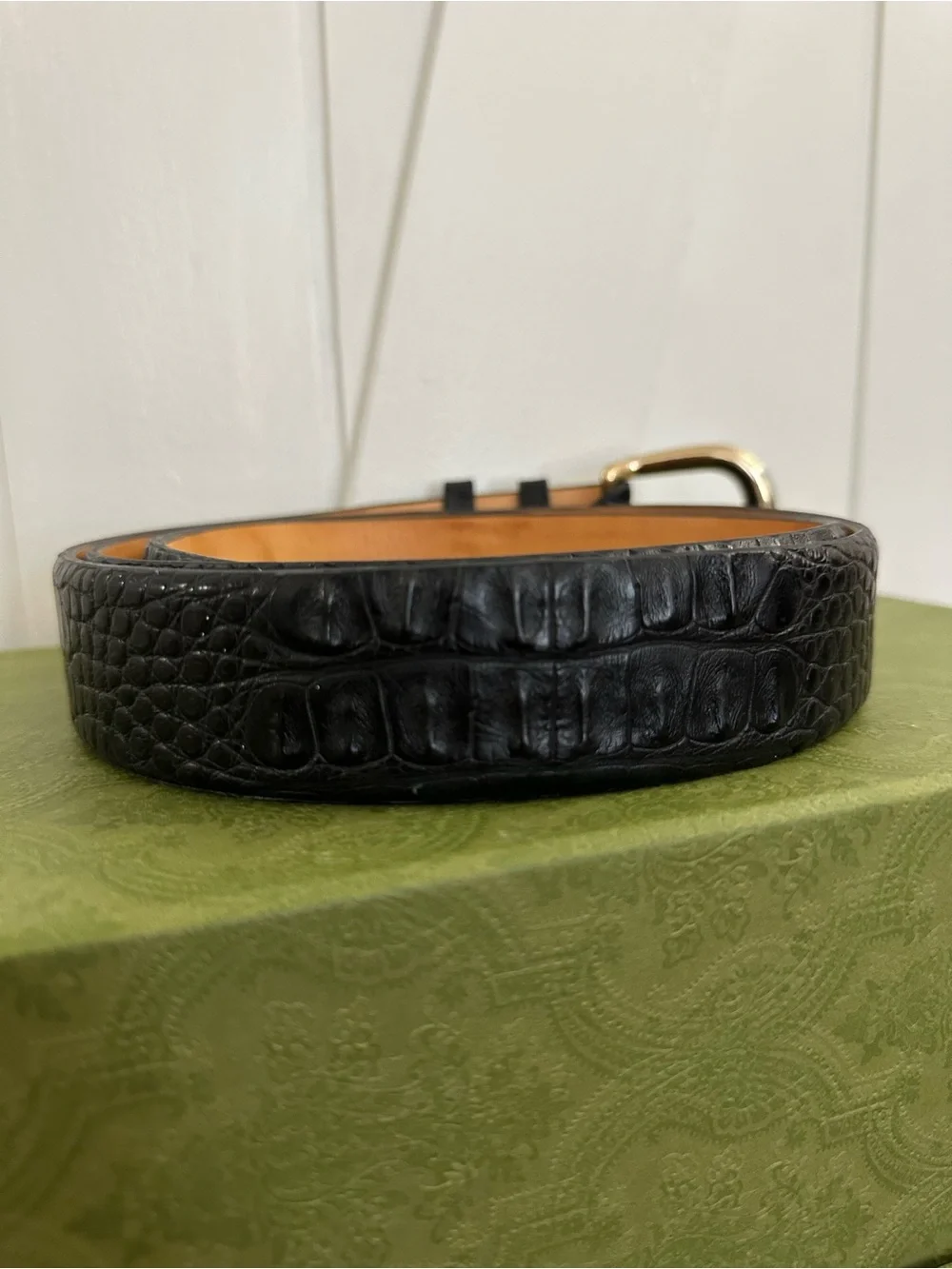 Men’s Black Croc-Embossed Leather Belt with Gold-Tone Buckle